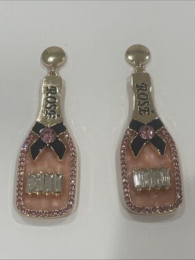 Pink Champagne Bottle Drop Earrings - Gold Tone